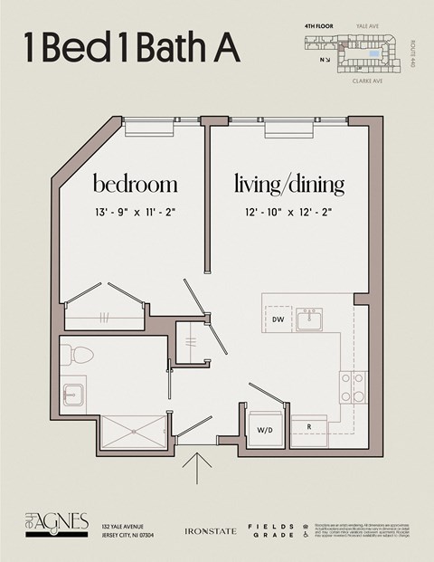 Floor plan for 1 bed, 1 bath, 616 sqft